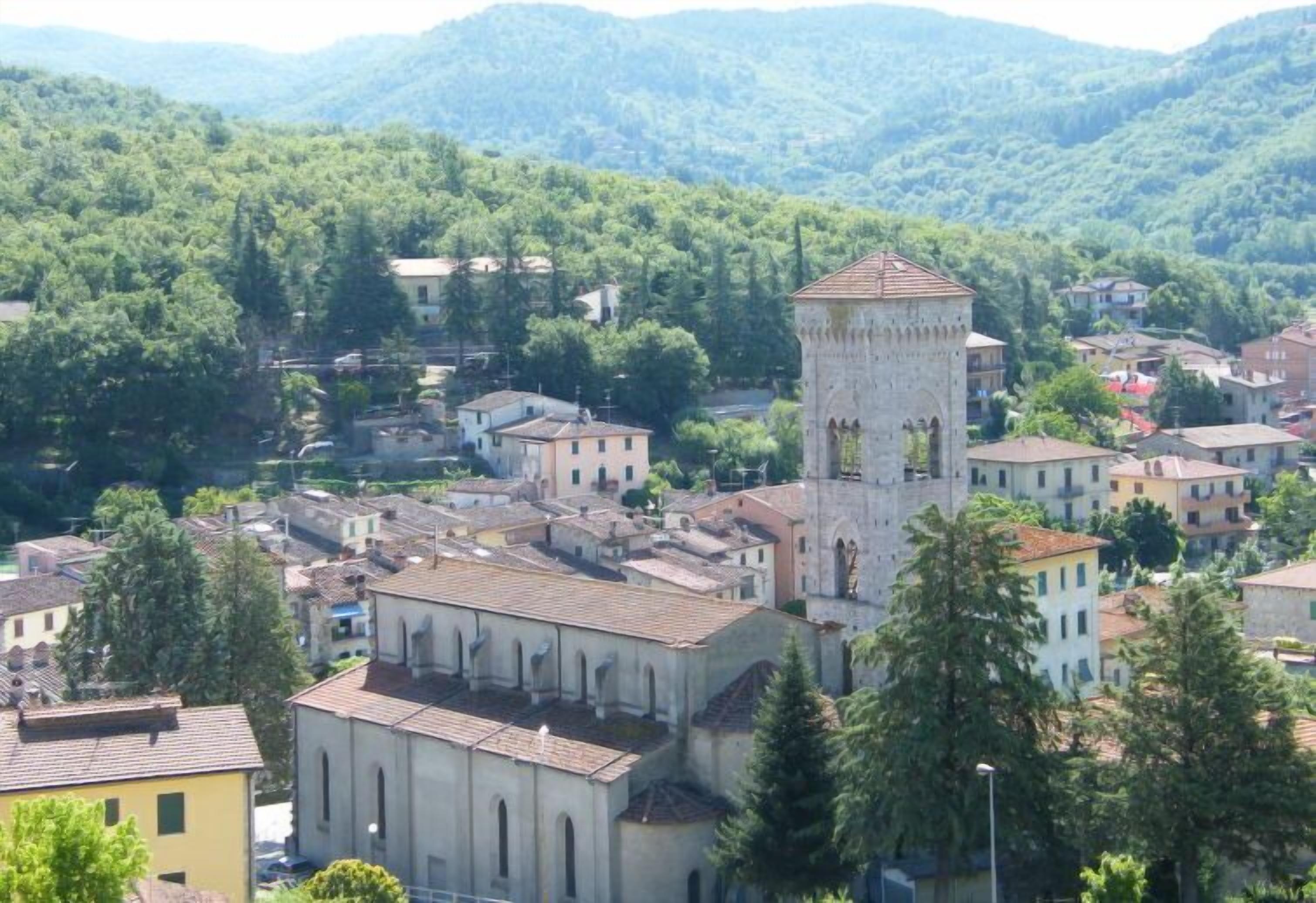 A town with a prominent tower, surrounded by residential buildings and lush greenery.