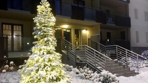 Lumipeitteinen ulkoalue, jossa on valaistu joulukuusi ja portaikko, joka johtaa rakennuksen sisäänkäyntiin.