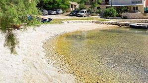 A coastal area with a clear shallow water body, rocky shore, parked cars, and buildings in the background.