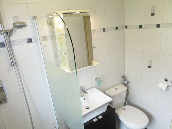 Une salle de bain avec une douche à parois de verre, un lavabo blanc et des toilettes.