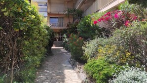 Un étroit sentier de pierre, bordé d’une végétation luxuriante et de plantes en fleurs, mène à un bâtiment doté de balcons.