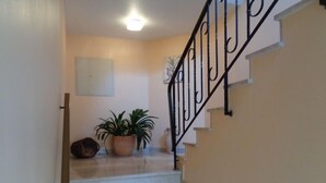 A staircase with a black metal railing, a potted plant, and a door on the left.