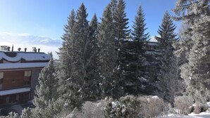 A snowy landscape with tall evergreen trees and a building with a snow-covered roof. - Monte Cristo 6 by Interhome (Crans-Montana)