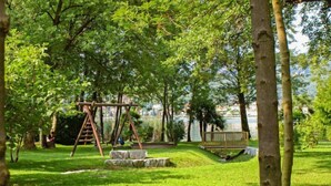 Un parque con un conjunto de columpios de madera, un pequeño puente y una zona verde con árboles.