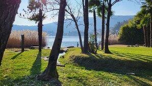 Un parque con un lago, árboles y un banco.