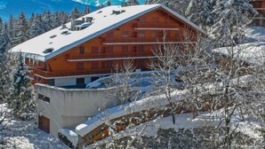 A wooden chalet with a sloped roof, surrounded by snow-covered trees and mountains in the background.