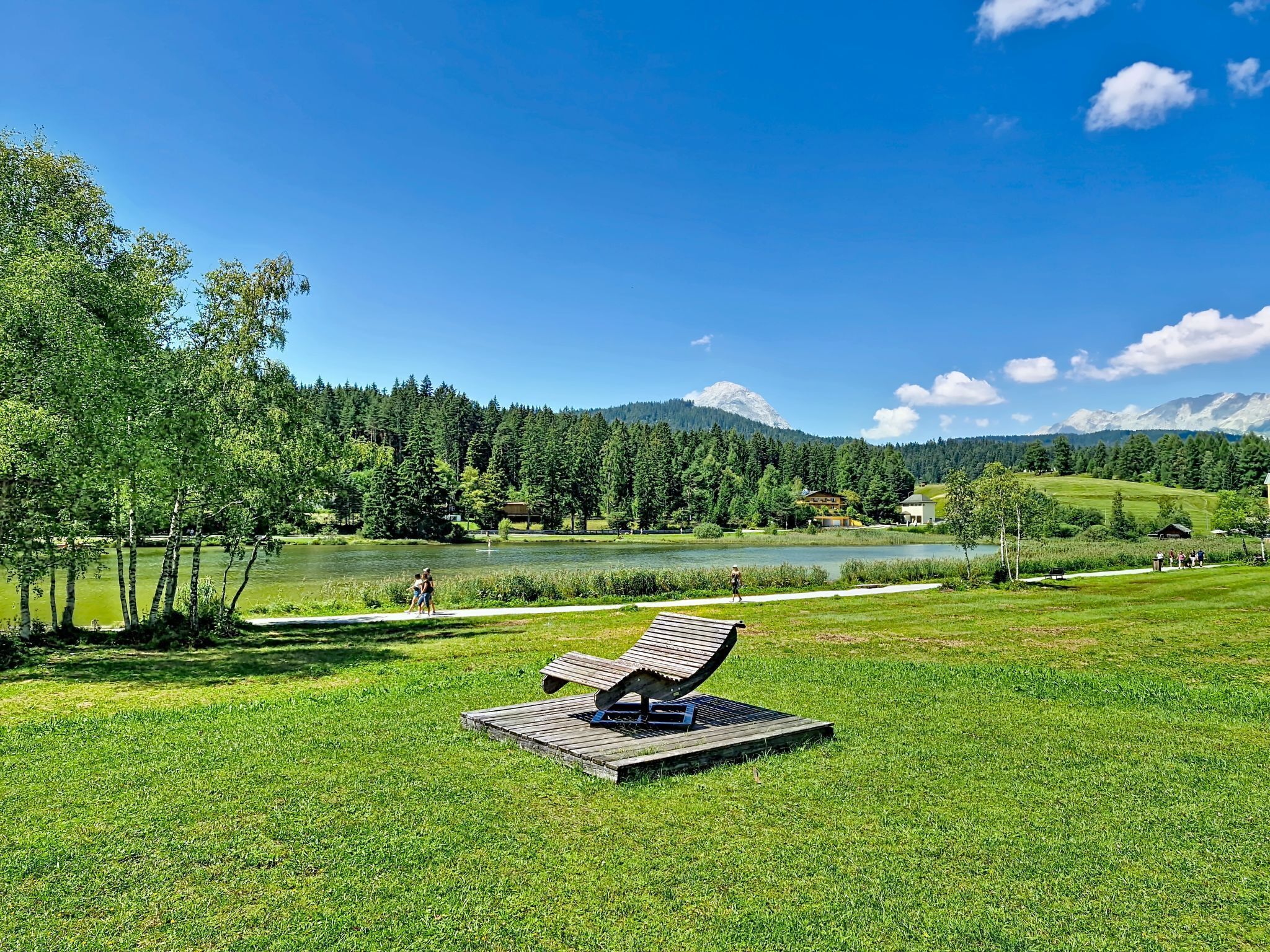 A grassy area with a wooden bench, a lake, and a forested mountain range in the background.