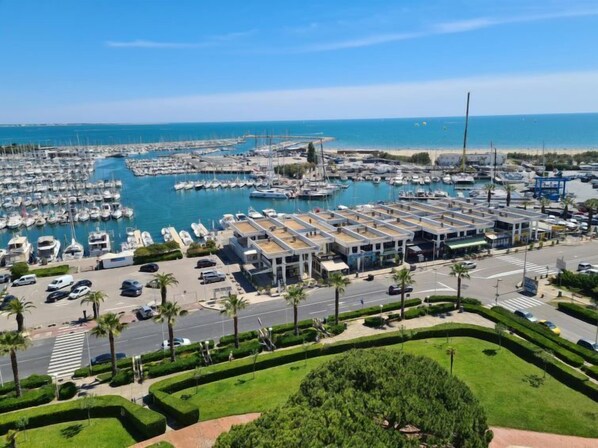 A marina with numerous boats docked, a parking area, and a road with palm trees.