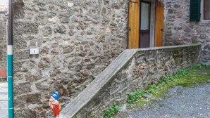 A stone building with a wooden door and a small window with green shutters.