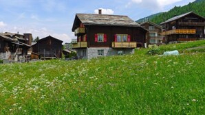 A traditional wooden chalet with balconies, set in a mountainous area with a grassy foreground.