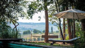 Un cadre extérieur paisible avec une piscine, un fauteuil de relaxation et une table placée sous une tonnelle.