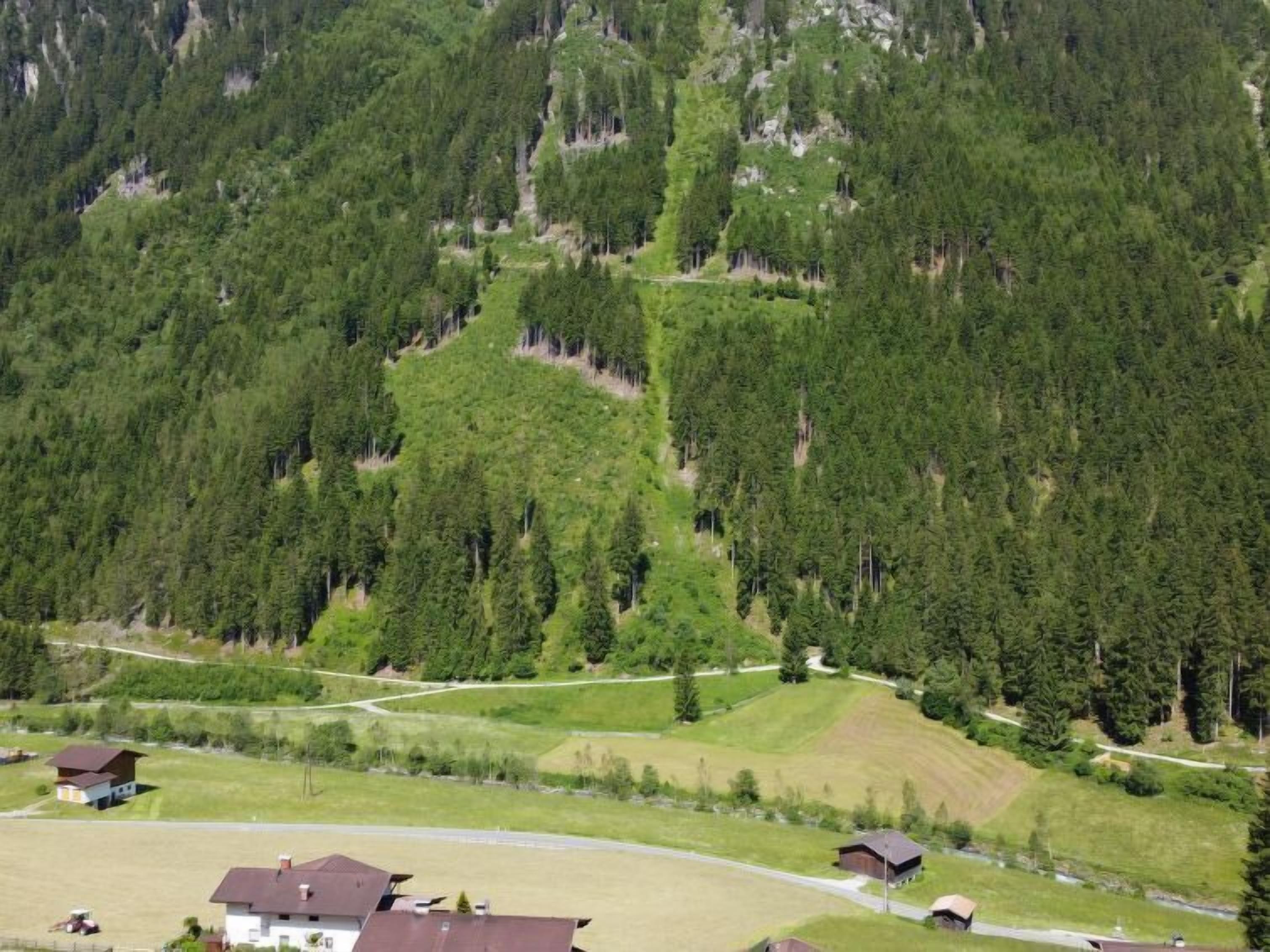 A rural landscape with a house surrounded by fields and a forested hillside.