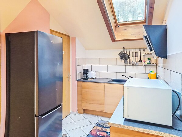 A compact kitchen with a refrigerator, a microwave, and a sink. - Appartement Olivia by Interhome (Neustift im Stubaital)