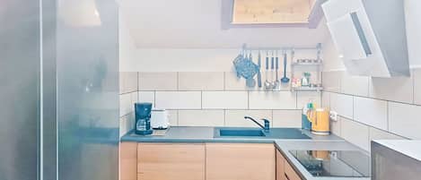 Fridge, microwave, dishwasher, cookware/dishes/utensils