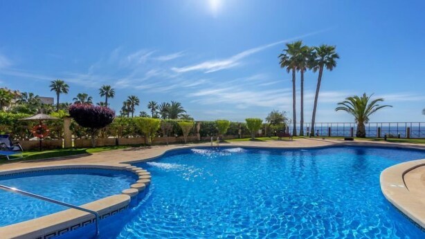 Una piscina azul cristalina con borde curvo, rodeada de palmeras y vista al océano.