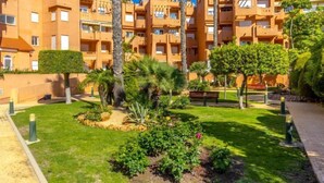 Un patio con césped cuidado, palmeras y una banca.