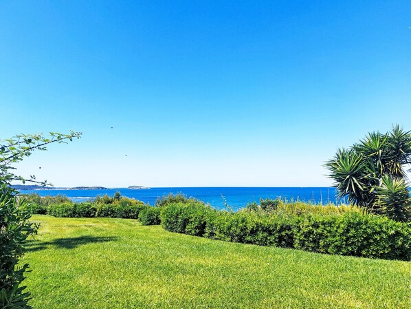 A grassy area with a view of the sea and a distant island.