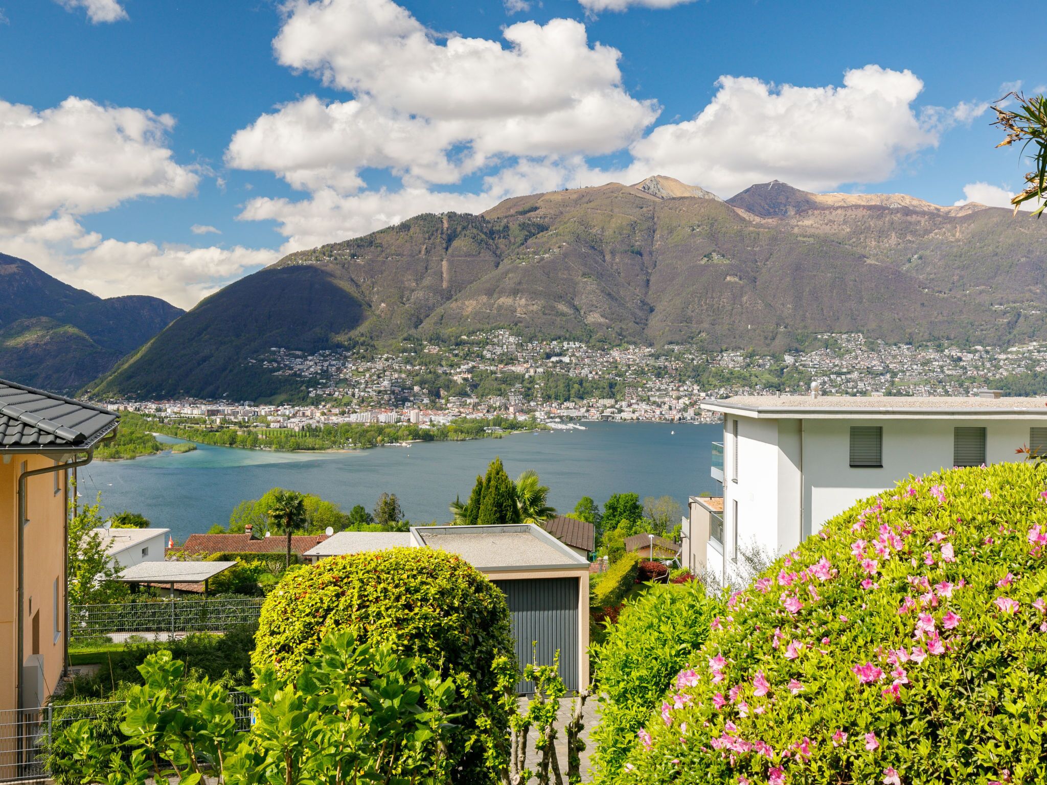 A residential area with a view of a lake and mountains.