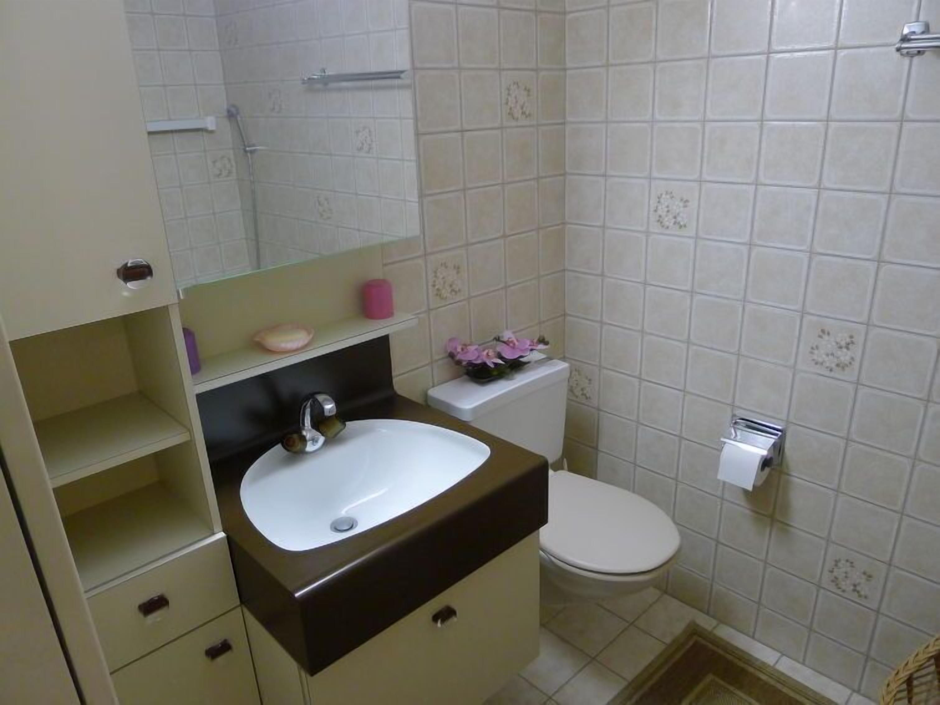A bathroom with a white sink, a toilet, and a mirror above the sink.