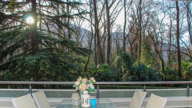 Un espace extérieur aménagé avec une table en verre et quatre chaises, un vase rempli de fleurs, et une vue sur les arbres et les montagnes en arrière-plan.