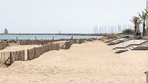 A sandy beach with a wooden fence, a staircase, and a palm tree.