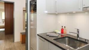 A modern kitchen with stainless steel appliances, a granite countertop, and a built-in sink. - Matten (Utoring) by Interhome (Zermatt)
