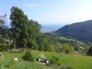A rural landscape with a house surrounded by lush greenery and hills in the background.