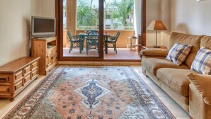 Un salon avec un canapé, un téléviseur, un meuble en bois et un tapis à motifs.