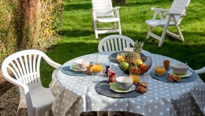 Een buitenterras met een ronde tafel, bedekt met een tafelkleed met stippen, omringd door witte plastic stoelen. De tafel is gedekt met borden, kommen, een fruitmand en een glas sinaasappelsap.