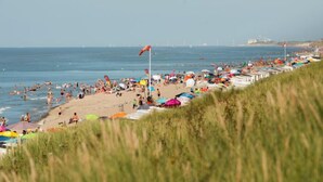 Een strand met rijen strandparasols en tenten, een zandstrand en de zee op de achtergrond.