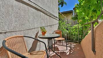 A small outdoor patio with a table and two wicker chairs, a potted plant, and a view of a garden with trees and a building in the background.