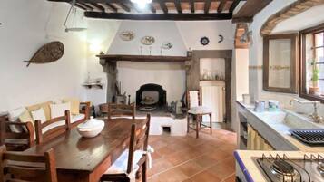 Fridge, microwave, oven, cookware/dishes/utensils