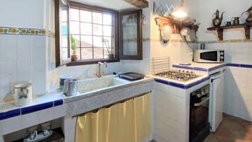 Fridge, microwave, oven, cookware/dishes/utensils