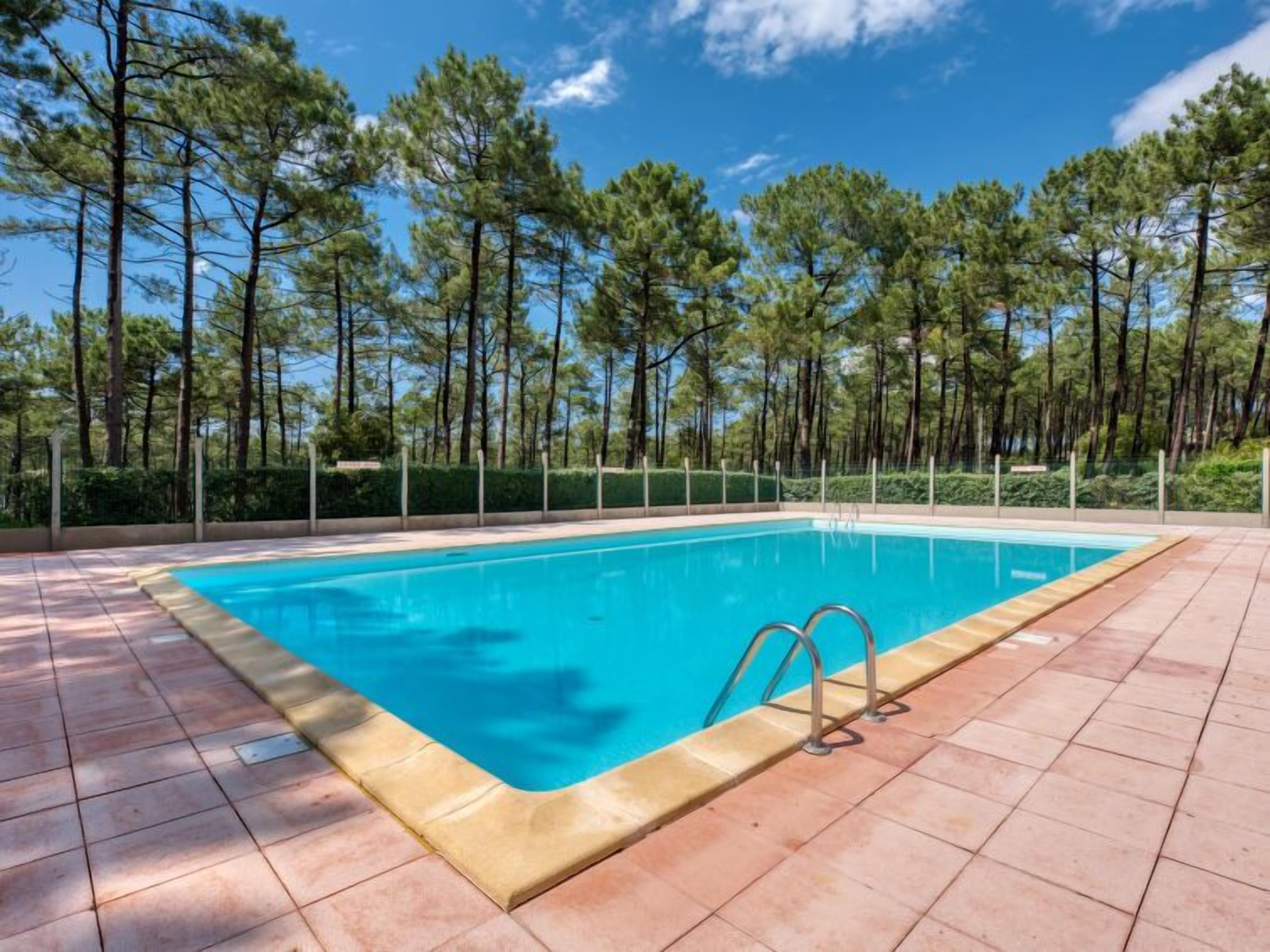 A rectangular swimming pool with a tiled deck, surrounded by a fence and trees.