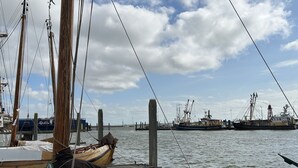 Ein Yachthafen mit mehreren vertäuten Booten, darunter ein Ruderboot aus Holz und ein größeres Fischerboot.