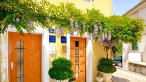 Une entrée d’immeuble avec deux portes en bois, un petit jardin agrémenté de plantes en pot et de fleurs violettes suspendues.