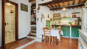 A rustic kitchen with a dining area, wooden beams, a green counter, and a staircase leading to a bathroom. - Il Metatino by Interhome (Camaiore)