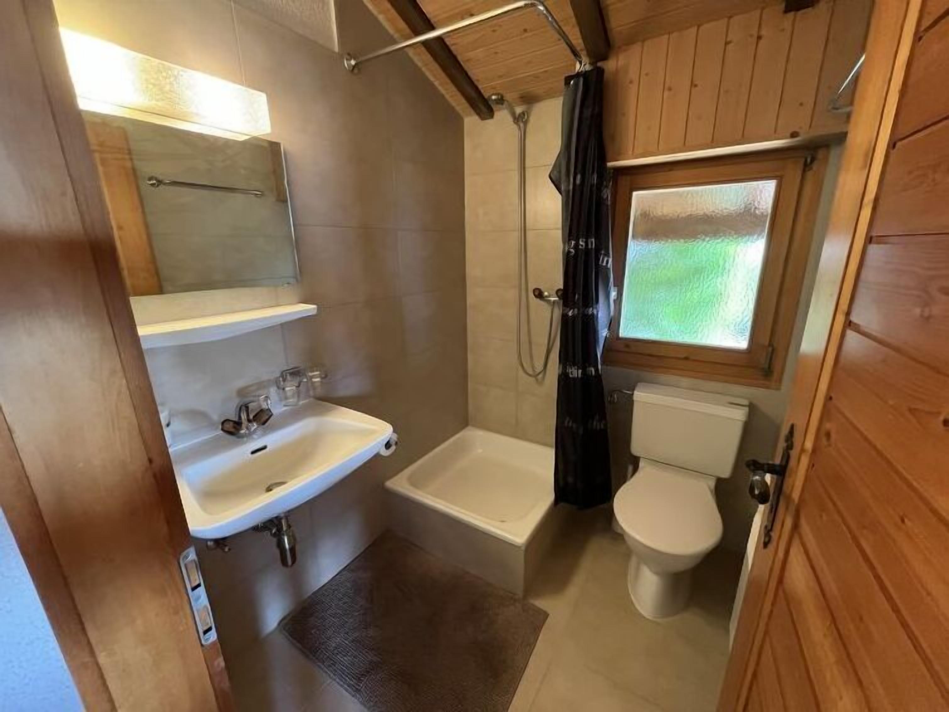 Un baño pequeño con lavabo, inodoro y ducha.