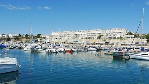 Un puerto deportivo con numerosas embarcaciones amarradas, rodeado de edificios residenciales.