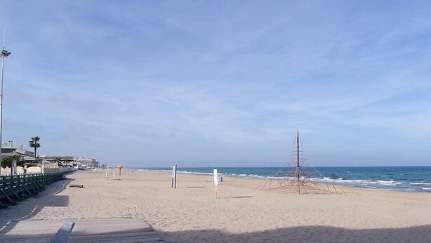 A beach with a wooden boardwalk, palm trees, and a clear sky.