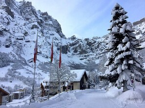 Een besneeuwd bergdorp met traditionele gebouwen, vlaggen en een opvallende, sneeuw bedekte boom.