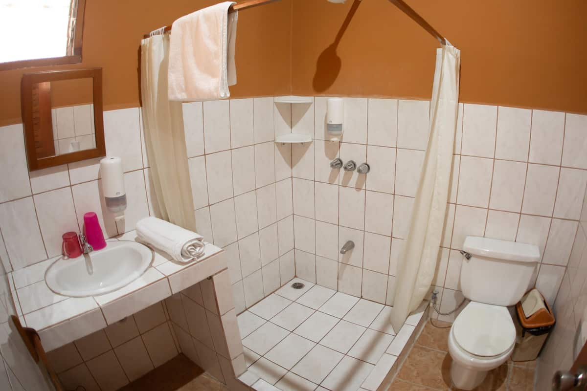 shower, rainfall showerhead, hair dryer, towels