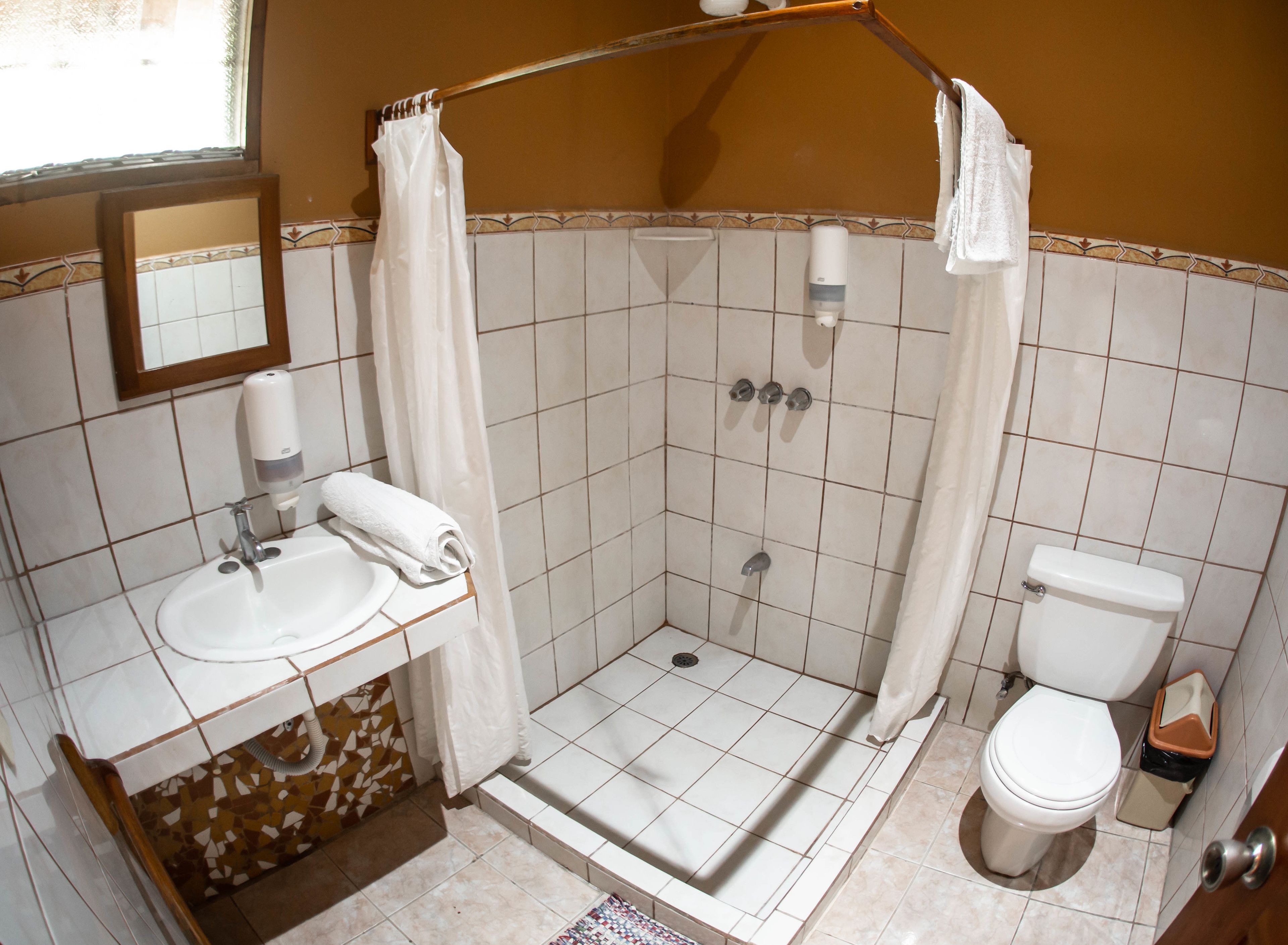 A bathroom with a shower, toilet, sink, and a mirror.