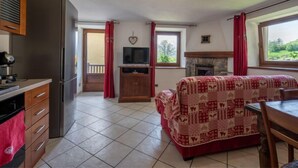 Een compacte leefruimte met een kitchenette, een bank, een televisie en een open haard.