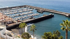 Una marina con numerose imbarcazioni ormeggiate, un pontile che si protende nell'acqua e edifici adiacenti.