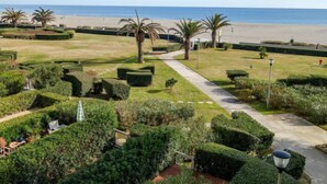 A landscaped garden with a pathway leading to the beach, palm trees, and a clear view of the ocean. - Le Beaupré by Interhome (Canet-Plage)