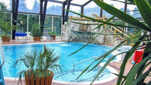 Une piscine intérieure avec un mur en pierre, des chaises longues et des plantes en pot.