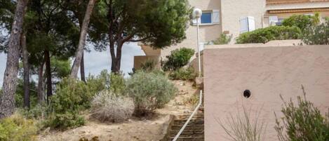 A coastal building with a stone staircase leading to a flat roof, surrounded by pine trees and shrubs.