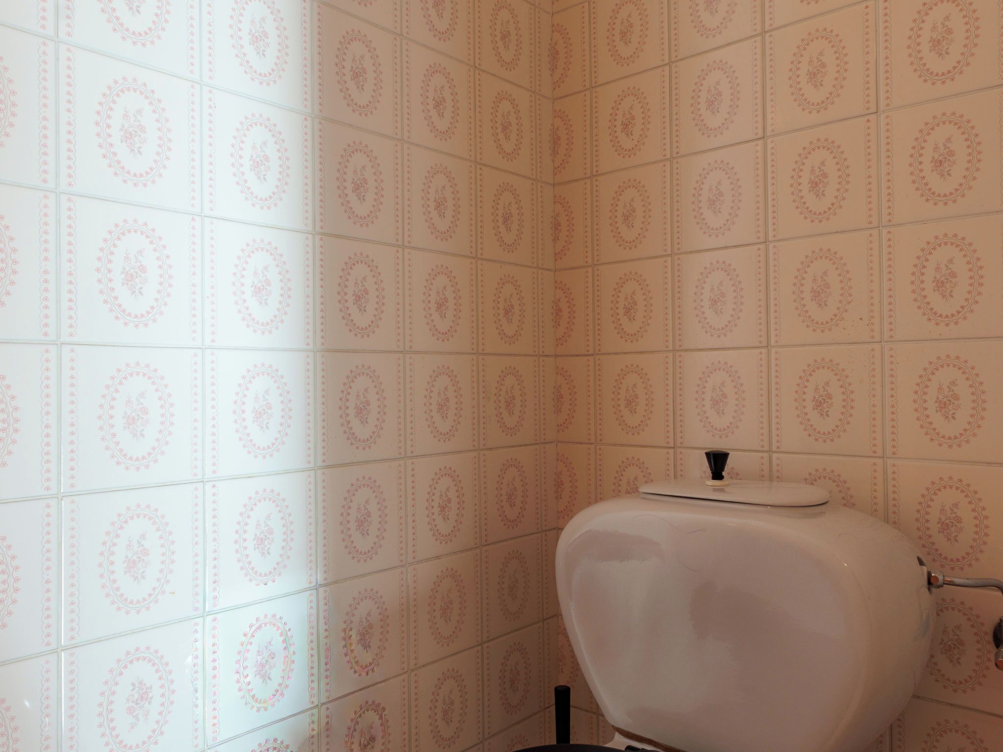 Une salle de bain avec des carreaux décorés et des toilettes blanches.