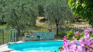Une piscine avec un mur en pierre et une fontaine, entourée d’une clôture et de verdure.